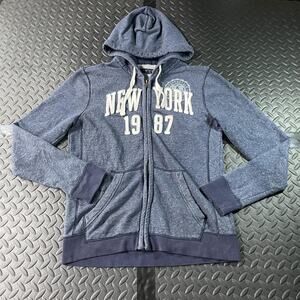 Aeropostale Hoodie Sweatshirt Mens Medium Blue Full Zip New York 1987 Graphic